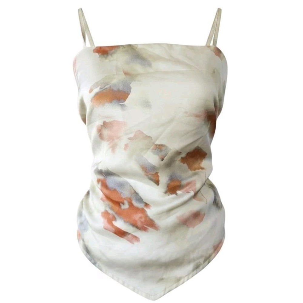 Commense Tank Top Size S Triangle Tie Back Green Cream Satin Festival Boho